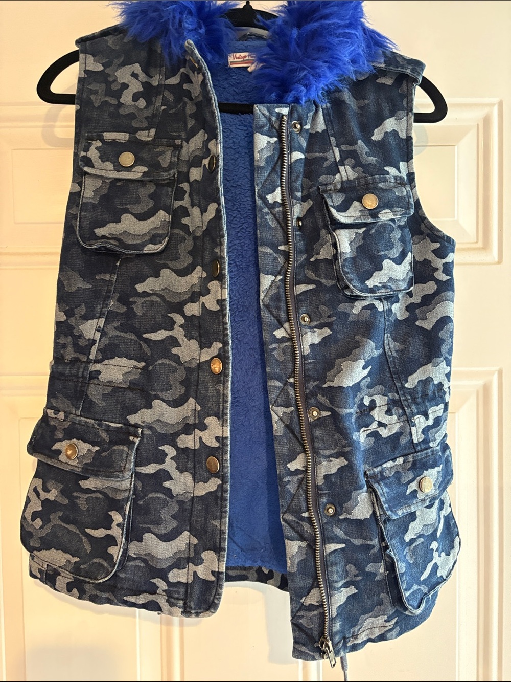 Vintage Havana Royal Blue Faux Fur Trim Hooded Vest